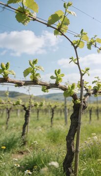 Young Green Grape Shoots Growing on a Vine in a Spring Vineyard under Blue Sky