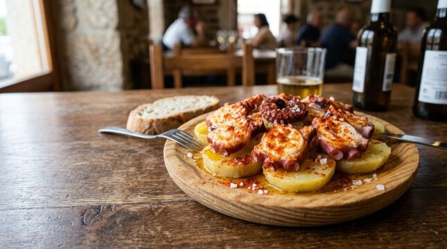 Pulpo a la gallega galician style octopus with potatoes. Traditional spanish seafood dish on a wooden plate. Sliced octopus with paprika and olive oil in a rustic tavern