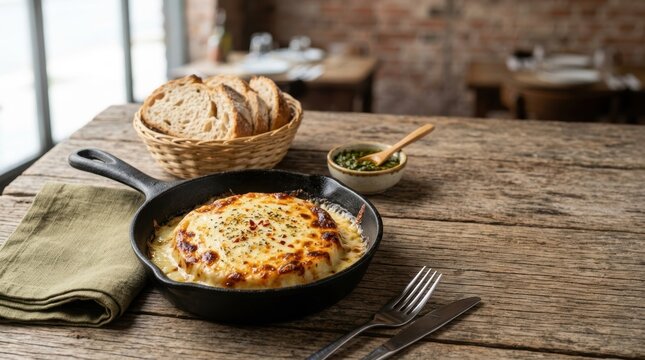 Provoleta grilled cheese in a cast iron skillet. Traditional argentinian appetizer with bread and chimichurri. Melted provolone cheese on a rustic wooden table