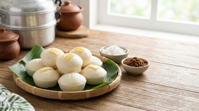 Filipino puto steamed rice cakes with cheese on banana leaf. Traditional Philippines snack on wooden table. Asian breakfast food