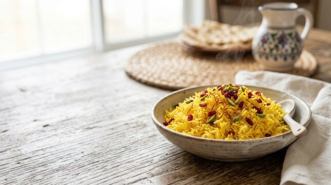 Saffron rice with barberries and pistachios in a ceramic bowl. Traditional middle eastern national dish on a rustic wooden table
