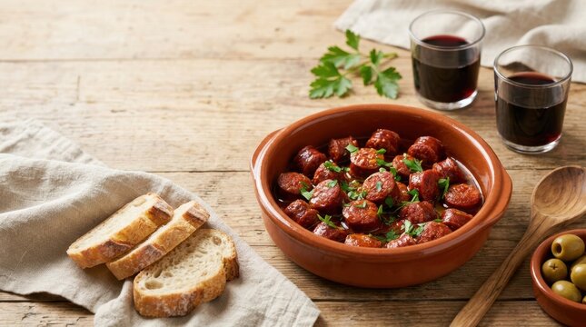 Spanish chorizo sausage tapas in a terracotta dish. Traditional national dishes with red wine baguette and olives. Copy space for text