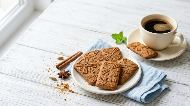 Speculoos cookies with windmill design on a white wooden table. Traditional Belgian spiced biscuits with a cup of coffee. National sweet treat