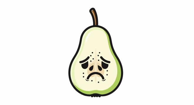 Sad pear slice with teary eyes and dots around cheeks