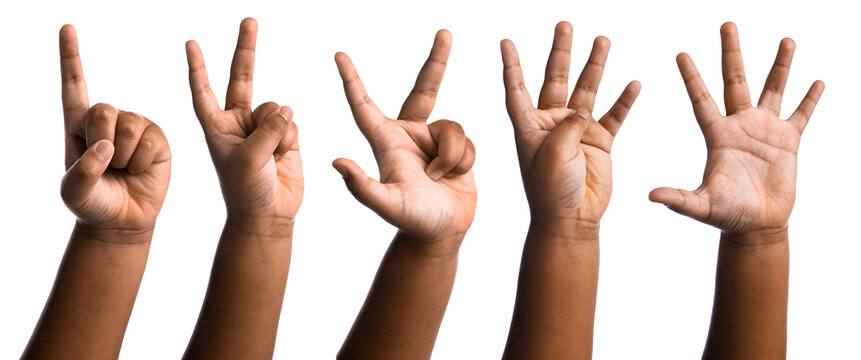 Little child counting using fingers against white background, closeup. Set of hand gestures