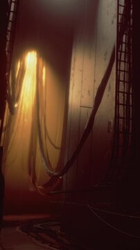 A narrow hallway is dimly lit by a bright light at the end. Cables hang from the walls and the floor is covered with more cables. The space looks tight and industrial.