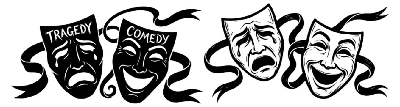 Two pairs of theatrical masks one set black with Tragedy and Comedy text the other white and black depicting contrasting emotions theater masks drama performance acting face