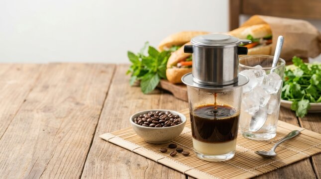 Traditional Vietnamese drip coffee with condensed milk. Phin filter coffee served with banh mi and fresh herbs. Authentic national beverage of Vietnam