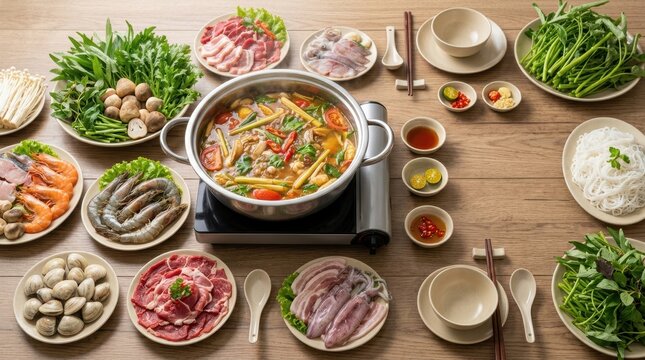 Vietnamese hot pot with raw meat and seafood. Traditional Lau dish with vegetables and noodles on wooden table. Asian cuisine concept