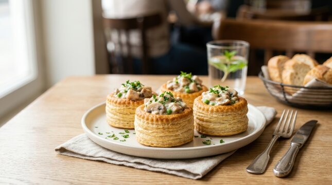 French vol au vent puff pastry with creamy chicken and mushroom filling. Traditional savory appetizer served on a white plate. Gourmet bistro food