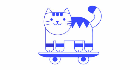 cat on skateboard blue line drawing on white background © Rahul