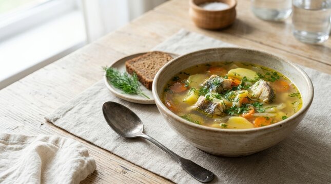 Yushka fish soup with potatoes and carrots in a ceramic bowl. Traditional Ukrainian clear broth with fresh dill and rye bread. Healthy homemade seafood meal on a rustic wooden table