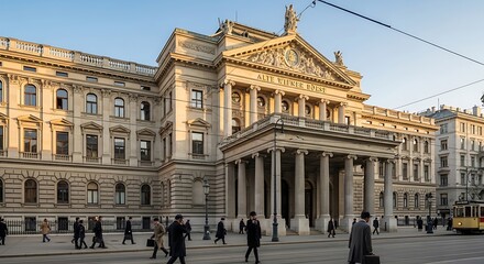 Obraz premium Historical building with pedestrians under clear sky in european city