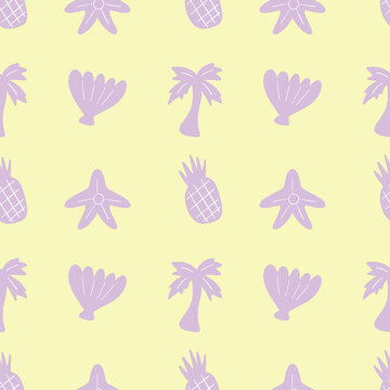 Hand-drawn summer seamless pattern. Purple pineapple, seashells, starfish,and palm tree on a yellow background