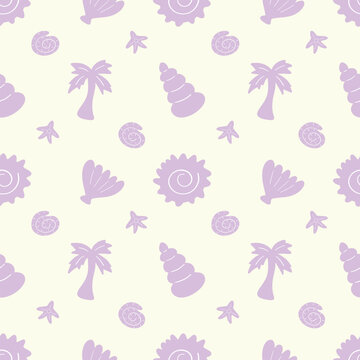 Hand-drawn summer seamless pattern. Purple seashells and a palm tree on a yellow background