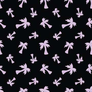 Hand-drawn summer seamless pattern. Purple palm tree on a black background