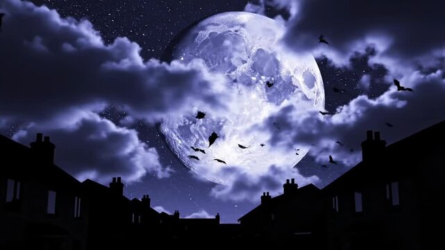 A haunting night scene: a huge full moon dominates the cloudy sky, silhouetted bats flutter around it, while dark rooftops stretch below, creating an eerie, mystical atmosphere