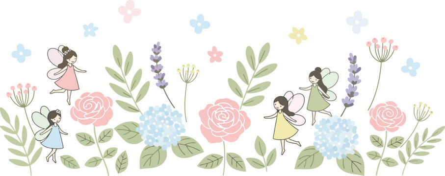 Whimsical illustration of girls frolicking in a colorful floral garden scene