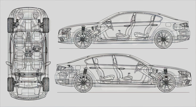 Technical Blueprint of a Modern Sedan Car Wireframe with Top and Side Views Showing Internal Components and Chassis