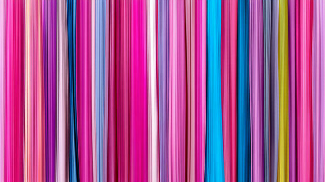 Vertical multi colored fabric strips in shades of pink purple and blue for textile background with vertical