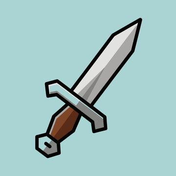 Medieval Fantasy Sword Vector Illustration Isolated on Blue Background, Cartoon Steel Blade Weapon for Game Design