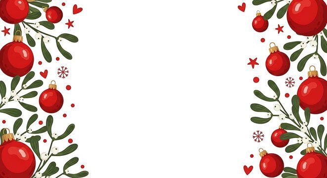 Festive christmas ornaments and mistletoe border design on white background
