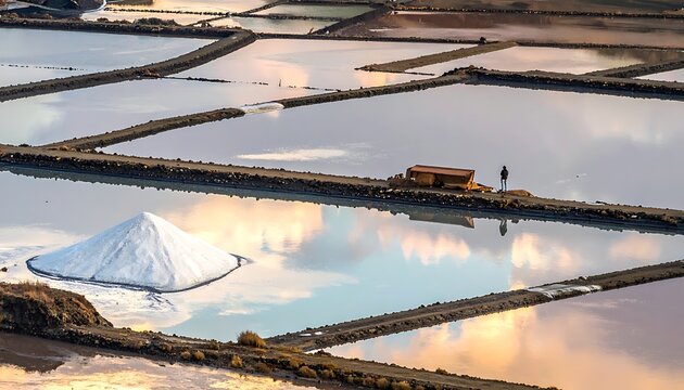 Salt production facility with reflective pools.