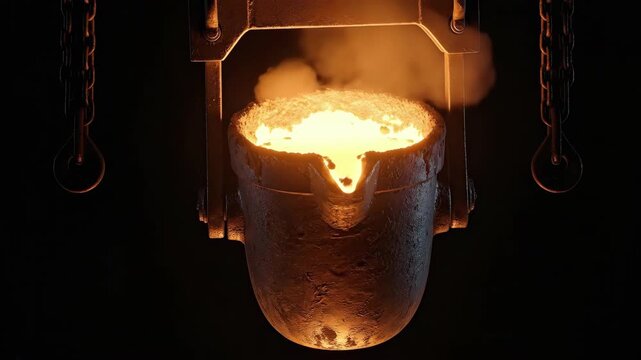 Molten metal pouring into crucible with sparks and industrial environment