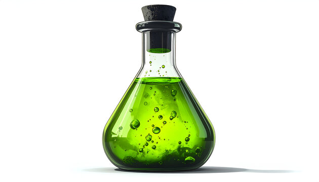 A Vibrant Green Potion in a Glass Flask with Bubbles.