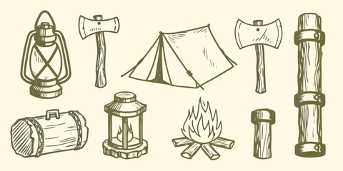 Sketch of camping equipment including a lantern tent axe and campfire on a white background © Apurba
