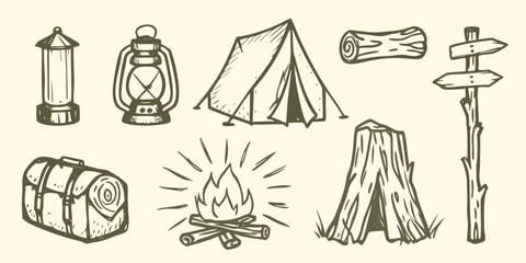 Camping equipment sketch collection with lanterns tent campfire and signpost on beige background high quality © Apurba