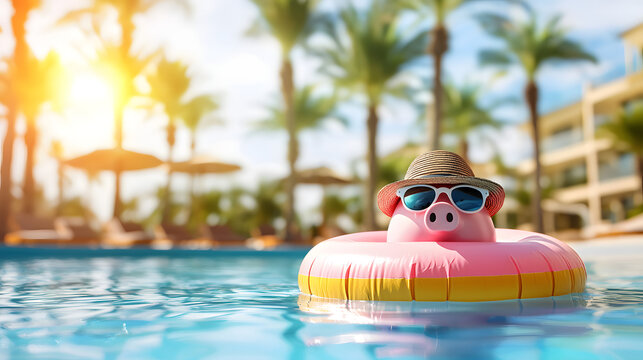 A piggy bank with sunglasses and a hat floating in an inflatable ring in a pool on a sunny day &ndash; finance and leisure, a summer vacation concept