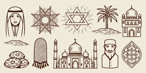 Hand drawn sketch of cultural symbols including star of david mosque and middle eastern people © Apurba