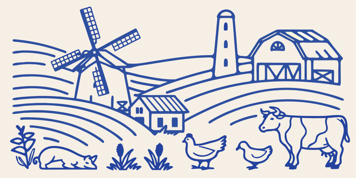 Line drawing of a rural landscape featuring a dutch windmill and american barn high quality