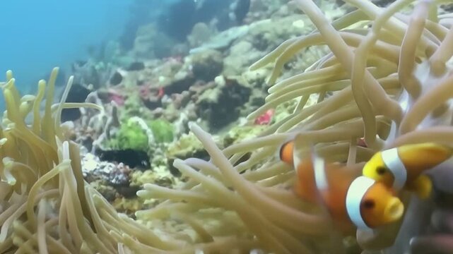 Watch as a vibrant orange Clownfish swims amid the swaying tentacles of its Anemone. This symbiotic dance unfolds beneath the turquoise waves of the Ocean.