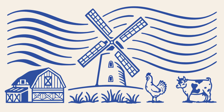 Vintage illustration of a dutch windmill american barn cow and rooster in a rural scene