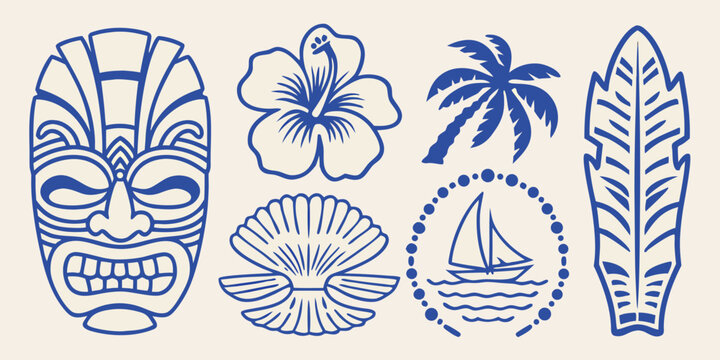 Polynesian tiki mask and tropical elements blue line art vector illustration on beige background