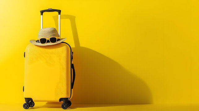 A yellow travel suitcase with a hat and glasses against a yellow studio background