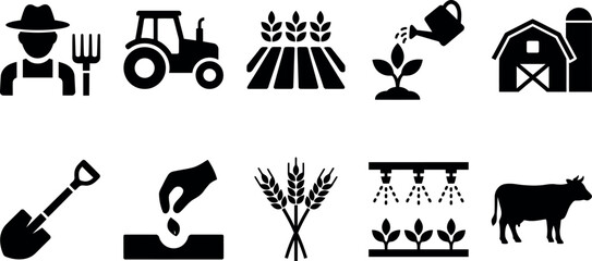 Agricultural icons set with farming tools and livestock on white background © SAYEDAJANNATUL