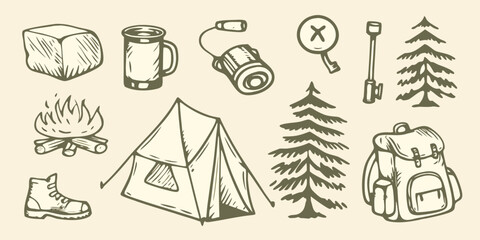 hand drawn camping equipment collection including tent backpack and campfire illustration high quality professional detailed © Apurba