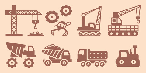 Construction machinery icons set including cranes excavators dump trucks and gears on a beige background © Apurba