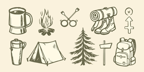 hand drawn camping equipment collection with mug tent backpack and campfire sketch high quality professional © Apurba