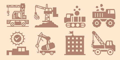 Construction equipment icons set including cranes dump trucks and excavators in a flat style © Apurba