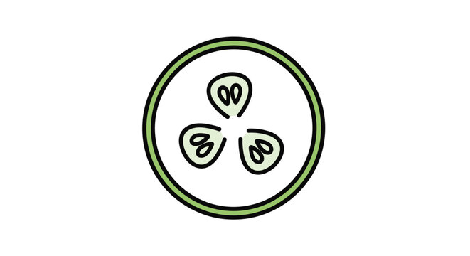 Minimalist illustration of a fresh green cucumber slice showing the inner light green flesh and seed pattern in a very simple style.