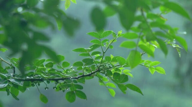 Green leaves glisten in soft rain with misty forest backdrop