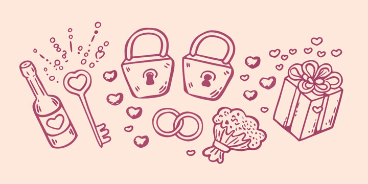 Hand drawn illustration of locks keys rings and hearts on a pastel background high quality