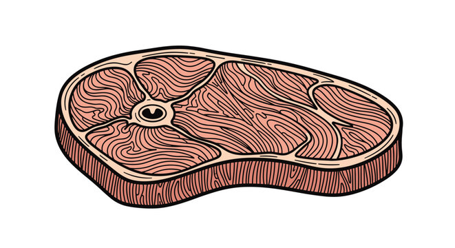 Detailed illustration of a raw beef or pork steak with realistic pink marbling and a small round bone in the center of the meat.