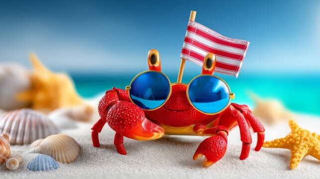 Cartoon Crab on Beach with Sunglasses and Tiny Flag for Fun Vibe