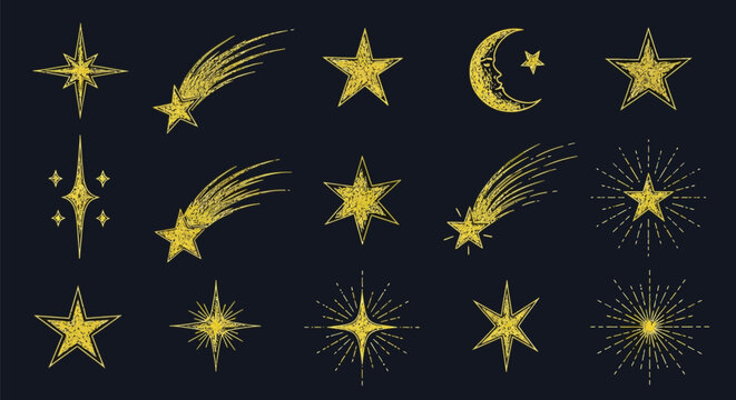 Collection of fifteen celestial star and moon doodle icons in gold texture style isolated on dark background for magical cosmic night sky theme designs.
