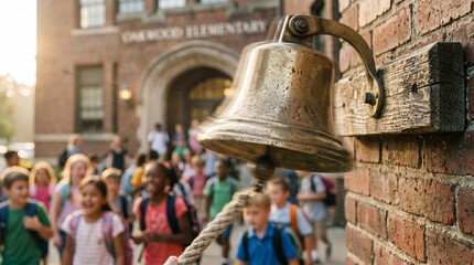 Obraz premium Vintage school bell ringing at school entrance morning scene
